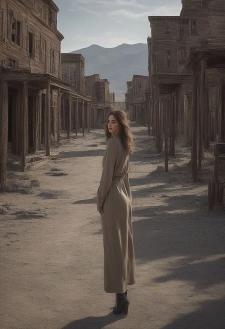 a sexy woman is doing modeling work at the ghost town, 8K, realistic, masterpiece,