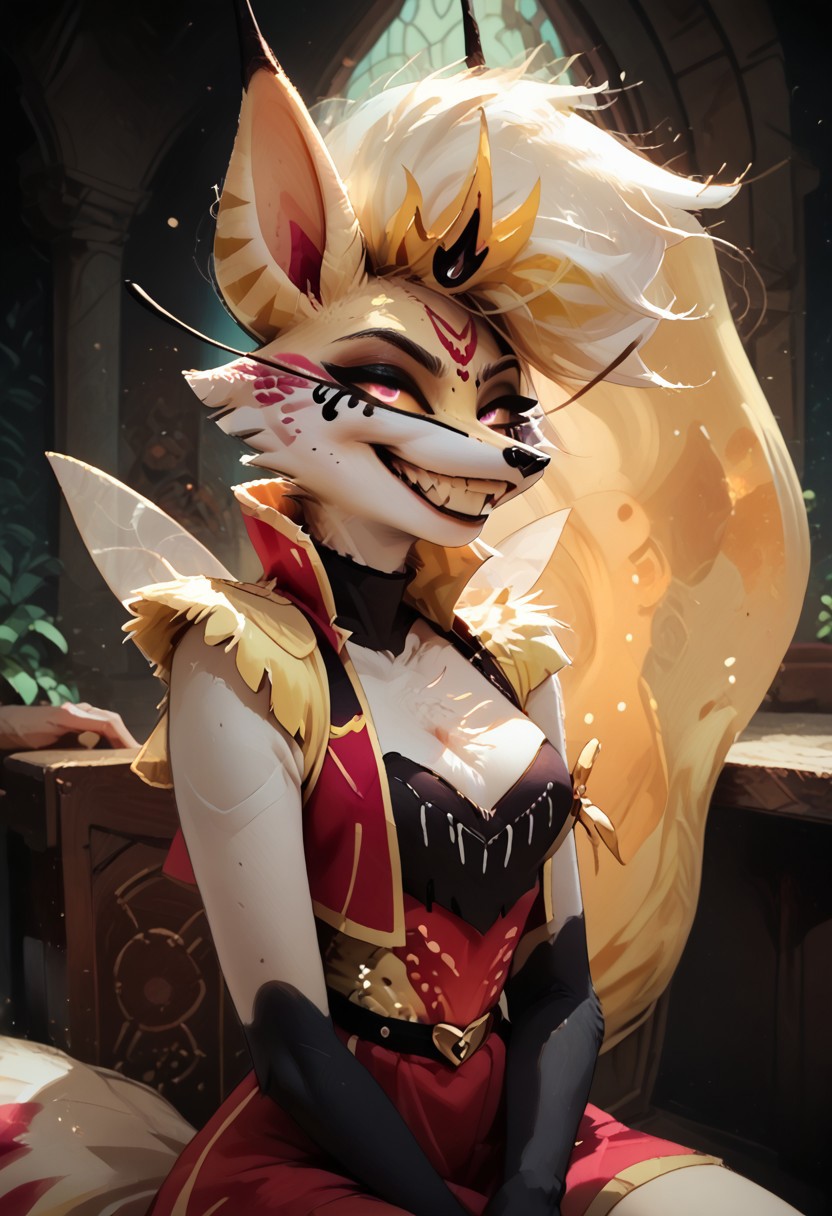 female focus, solo focus, solo, score_9, score_8_up, score_7_up, 1girl, QueenBee4ArmsV1.5, QueenBee4ArmsV1.5Mastermindoutfit, extra limbs, 4arms, four arms, 4armed girl, furry, furry female, long hair, facial mark, colored sclera, very long hair, animal ears, blonde hair, grin, smile