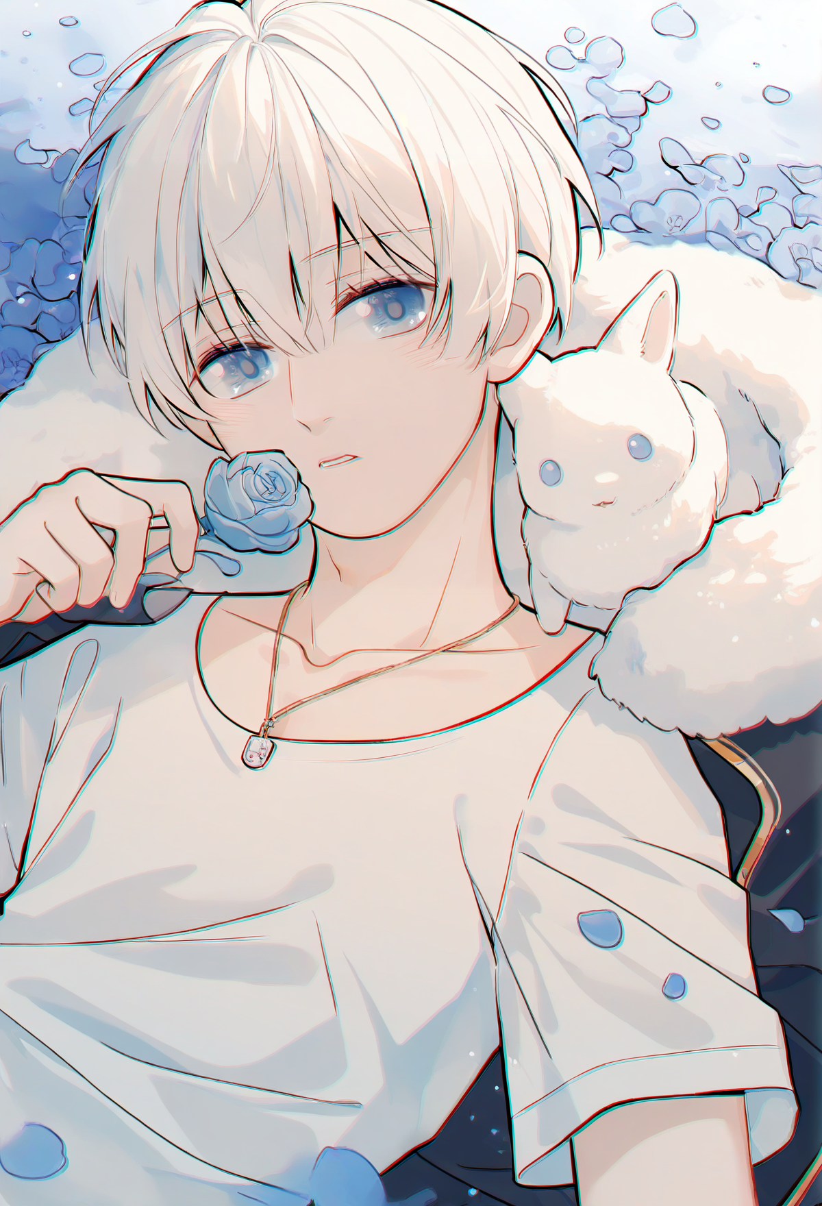 yunquehuafeng, <lora:yunquehuafeng:1>
flower, 1boy, shirt, blue flower, male focus, holding, holding flower, white shirt, blue eyes, solo, parted lips, looking at viewer, on back, fur trim, lying, jewelry, white hair, hair between eyes, short sleeves, jacket, fur-trimmed jacket, necklace, bangs, upper body, short hair, animal on shoulder, collarbone, petals, blush, light particles, t-shirt