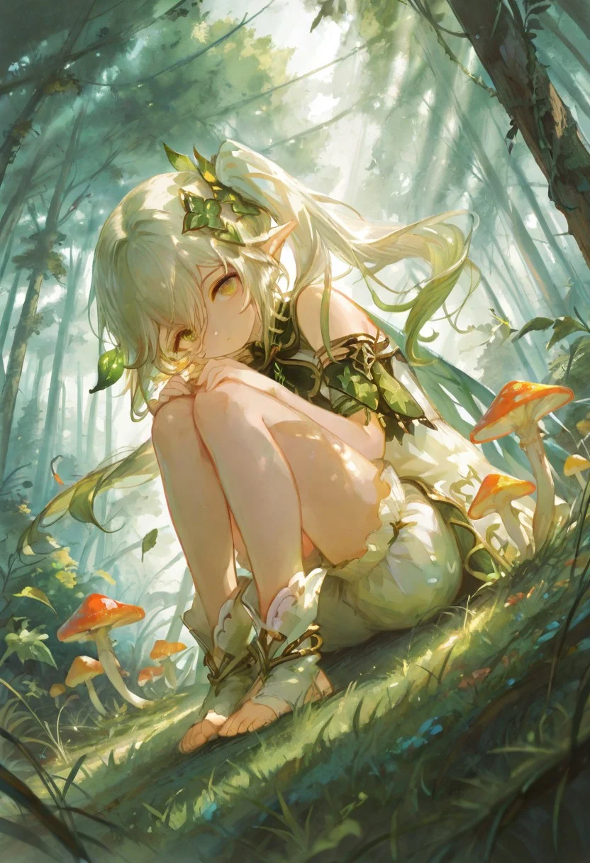 1girl, usnr,looking at viewer, cool expression,, shade,lots of cloud of different shades, full body, forest, jungle,vines, mushrooms, glowing mushrooms, detailed grass, shrubs, floating leaves, windy, floating hair, solo, impressionism, excellent depth of field, partly realistic texture, dramatic lighting, sharp focus, newest, absurdres, highres, very aesthetic, masterpiece, eye-catching, beautiful body, detailed skin features, beautiful eye details, bright colors, vivid colors, extreme contrast, foreshortening, high resolution, best quality, ultra high definition, extremely high detail, close-up, wide angle, cinematic field of view, perfect composition, intricate details, enriched colors, Nahida,side ponytail,leaf hair ornament,official outfit,white bloomers,