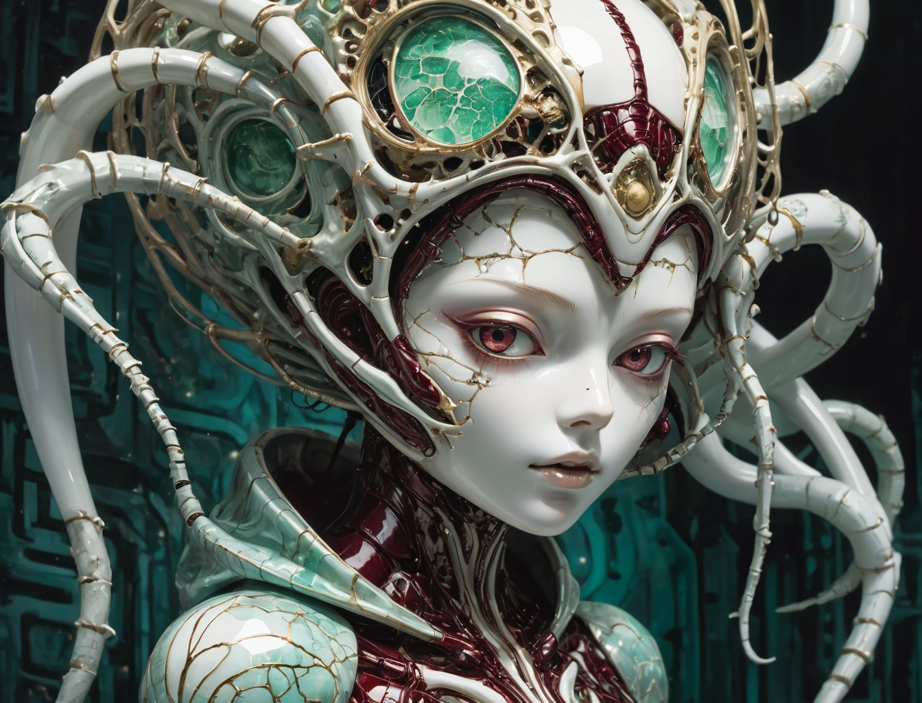 an image of fractal (creepy masterpiece anime artwork by Tsutomu Nihei, a [porcelain doll woman:beautiful porcelain woman:5], otherworldly beauty, kintsugi skin,  sensual gaze, a cute face, cracked porcelain, shiny reflective surface, hood, anime proportions, highres, 8k, by HR Giger, cybernetic robotic, strange but beautiful sci-fi, dystopian future,  otherworldly, wild and untamed, highly detailed, intricately detailed,) made of  flickering  stardust and striped stubby diaphragms of    livermorium with flexible tissues  of    shadow, cloud_white and maroon_red and seafoam_green ,haunting lighting,   highly detailed masterpiece, absurdres,