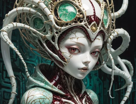 an image of fractal (creepy masterpiece anime artwork by Tsutomu Nihei, a [porcelain doll woman:beautiful porcelain woman:5], otherworldly beauty, kintsugi skin,  sensual gaze, a cute face, cracked porcelain, shiny reflective surface, hood, anime proportions, highres, 8k, by HR Giger, cybernetic robotic, strange but beautiful sci-fi, dystopian future,  otherworldly, wild and untamed, highly detailed, intricately detailed,) made of  flickering  stardust and striped stubby diaphragms of    livermorium with flexible tissues  of    shadow, cloud_white and maroon_red and seafoam_green ,haunting lighting,   highly detailed masterpiece, absurdres,