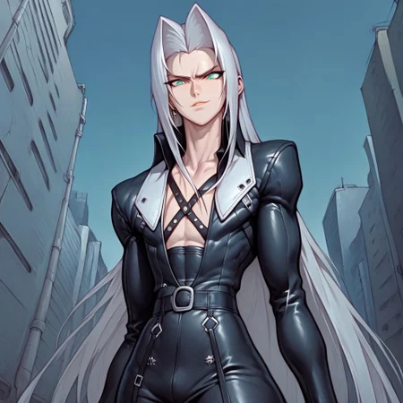 score_9, score_8_up, score_7_up, flightless detailed closeup action shot, from front, Sephiroth leaping through the air swinging very long sword in a wide overhead arc, smug expression, dynamic pose, exaggerated perspective emphasizing action, in an industrial city at night, dim street lighting, solo, beautiful, androgynous, flat chest, leather straps, broad shouldered, leather coat, high contrast, industrial cityscape background,