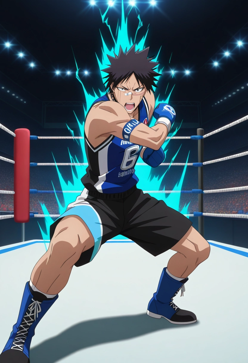 masterpiece, best quality, , anime screencap, anime coloring, official style, looking at viewer, 1boy, solo, male focus, <lora:shuuhei_hisagi_ilxl:0.94>, shuuhei_hisagi, black hair, black eyes, short hair, spiked hair, tattoo, facial mark, bandaid on nose, scar on face, japanese clothes, sleeveless, , boxing ring, gloved fighters, roaring crowd, spotlighted ropes, fighting pose, determined expression, intense energy, Cargo jogger shorts, Azure Jersey Argyle Sports jersey, Chukka boots, Pith helmet,