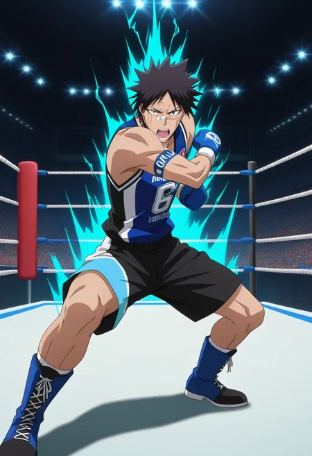 masterpiece, best quality, , anime screencap, anime coloring, official style, looking at viewer, 1boy, solo, male focus, <lora:shuuhei_hisagi_ilxl:0.94>, shuuhei_hisagi, black hair, black eyes, short hair, spiked hair, tattoo, facial mark, bandaid on nose, scar on face, japanese clothes, sleeveless, , boxing ring, gloved fighters, roaring crowd, spotlighted ropes, fighting pose, determined expression, intense energy, Cargo jogger shorts, Azure Jersey Argyle Sports jersey, Chukka boots, Pith helmet,