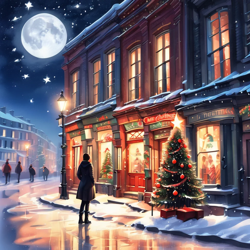 full moon, merry christmas, motor vehicle, christmas lights, lamppost, star (sky), door, snow, from behind, reflection, chimney, black pants, street, christmas tree, english text, pants, 1girl, house, snowing
