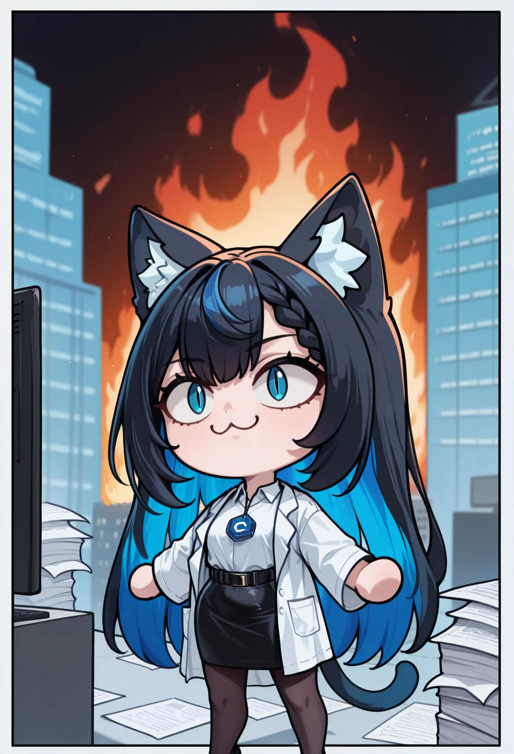 1girl, solo, blurry background, border, t-pose, burning building, office, too many papers, computer, server,
masterpiece, best quality, <lora:necoarccon-guy90-Illust-LycorisV1:1>, noccen, animal ears, :3, chibi, cat tail, animal ear fluff, slit pupils <lora:gijinkaseries_civitai_illustriousXL:1> civitai-chan, long hair, colored inner hair, black hair, blue hair, braided bangs, blue eyes, white coat, lab coat, open coat, long sleeves, white shirt, collared shirt, shirt tucked in, black skirt, pencil skirt, black belt, black pantyhose, necklace