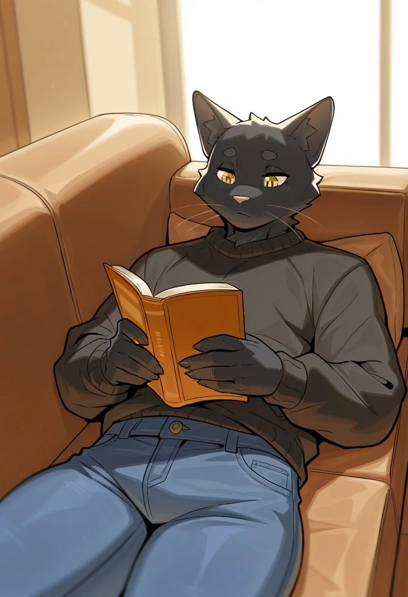 score_9, score_8_up, score_7_up, score_6_up, score_5_up, score_4_up, male, 2d, flat_colors, upper_body, portrait, furry, male, furry, solo, solo, detailed_fur, body_fur, CeehazStyle style, masterpiece, best quality, amazing quality, very aesthetic, high resolution, ultra-detailed, absurdres, newest, scenery, depth of field, scenery, volumetric lighting, detailed face, detailed body, detailed background, perfect hands, perfect anatomy, masterpiece, high quality, best quality, BREAK, depth of field, detailed fur, photorealistic details, volumetric lighting, indoors, school hallway, holding book, tight pants, denim pants, Jeans, laying on couch, athletic build, black fur, black sweater, bombay cat, black fur, cat eyes, yellow eyes