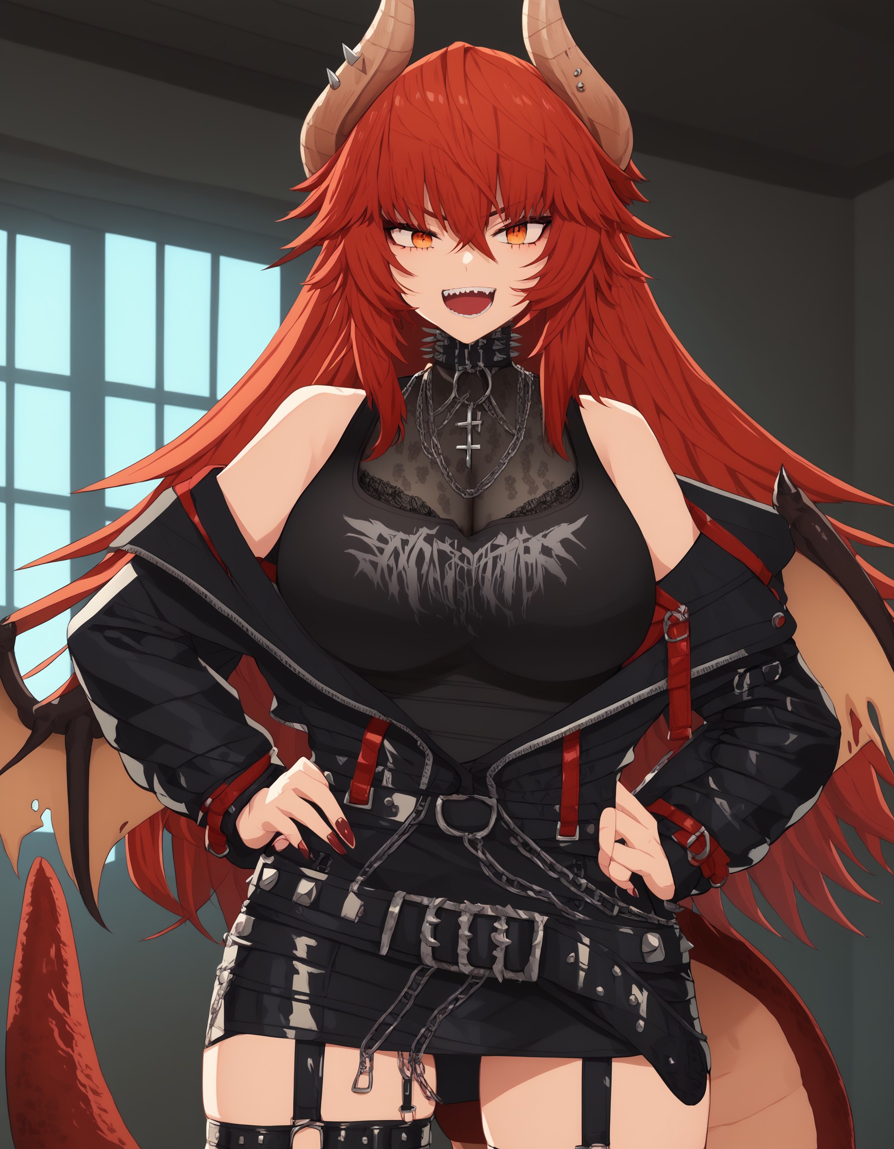 score_9, score_8_up, score_7_up, 1girl, black shorts, partially unzipped, black sleeveless shirt, long messy hair, spiked collar, black shirt, chain necklace, cross necklace, jewelry, black open jacket, belt, dragon wings, dragon tail, dragon horns, orange eyes, red hair, zentreyametal, half-body, indoors, smug look, dynamic illumination, looking at you, straight-on, big breasts, hands on hips, open mouth, anime screencap, <lora:11817b95-75db-4a6e-b7a2-ba70fdbadedc:0.8>, <lora:65cd618c-a9e0-4837-9c63-5ed3045c9874:1.0>