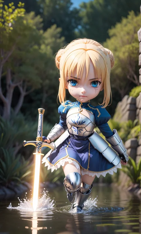 (masterpiece),(best quality),(ultra-detailed), (full body:1.2),1girl,chibi, artoria pendragon \(fate\), armor, dress, suit, (running through a river), (beautiful detailed face), (beautiful detailed eyes:1.12), (looking at viewer), <lora:blindbox_V1Mix:1>, <lora:ironcatlora1Artoria_v10:1>, reflection, excalibur \(fate/stay night\), (holding sword:1.1), volumetric light, from below