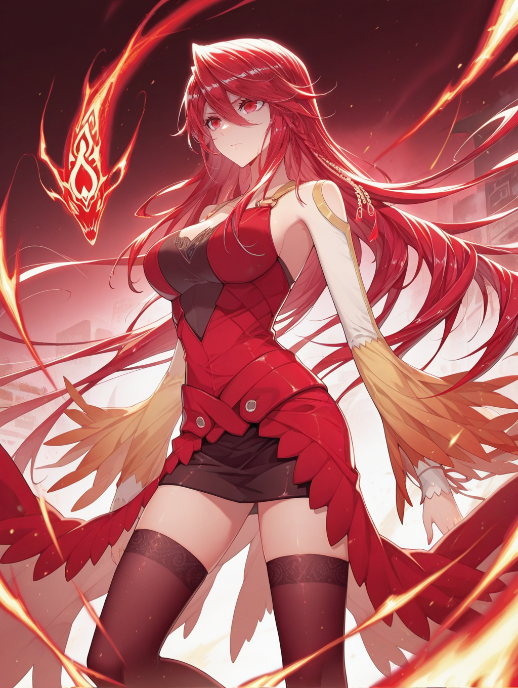 ,masterpiece,best quality, 1girl, Maxiaotao, red eyes, red hair,hair between eyes, red dress, black miniskirt, black thighhighs