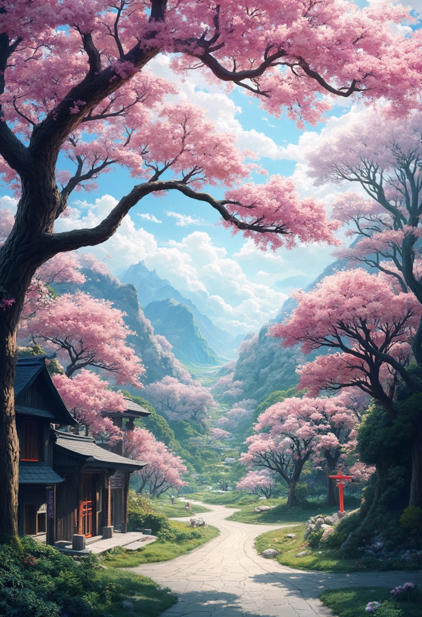 ( Calm spring morning landscape), beautiful view, An old weeping cherry tree, Sakura Fubuki, A carpet of cherry blossom petals, early morning, sunrise sky, beautiful clouds, dappled sunlight, 
The old shrine and red torii gates create a special atmosphere. 
A wonderful waka-like landscape, 
I can see the mountains in the distance, 
depth of field, masterpiece, best quality, ultra-detailed, very aesthetic, illustration, perfect composition, intricate details, absurdres, moody lighting, wisps of light, no humans,