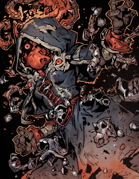 score_9, score_8_up, score_7_up, sprite, 1girl, solo, mad cultist, darkest dungeon, madness, black background, Undead Uprising, resurrecting, black background, (red outline)