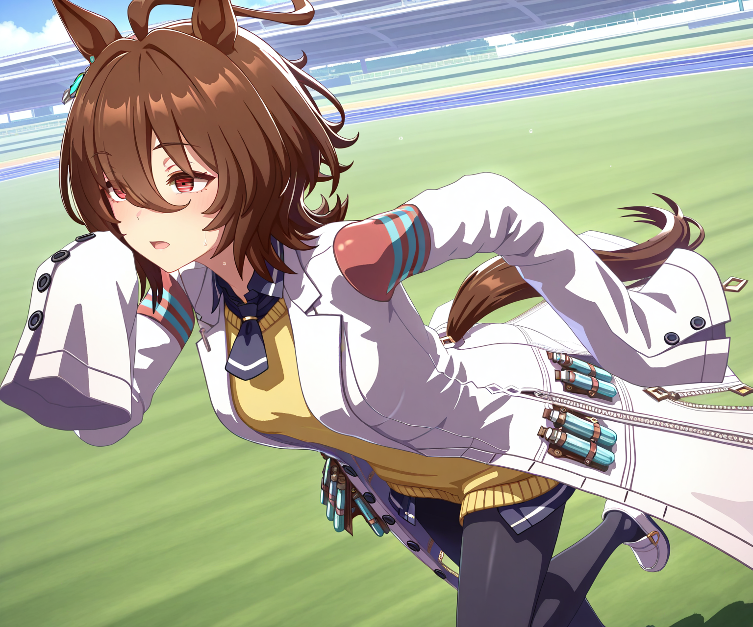 masterpiece, best quality, amazing quality, , 1girl, solo,  racetrack, running,    <lora:Agnes Tachyon in game 3D style ILL-v2:1> ummsmingame, 3d,  agnes tachyon \(umamusume\),  sleeves past fingers