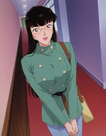 1girl,solo, anime screencap,1990s \(style\), retro artstyle,
<lora:oobayashi kaori_conan_v1_IL:0.7>,oobayashi kaori,(meitantei conan:0.4),mature female,long hair,black hair,blunt bangs,lips,wide glasses,shoulder bag,double-breasted,green coat,long sleeves,buttons,light blue pants,
cowboy shot,smile,looking at viewer,happy, from above, open mouth, (blush:0.6), hallway, leaning,own hands clasped,little from side,