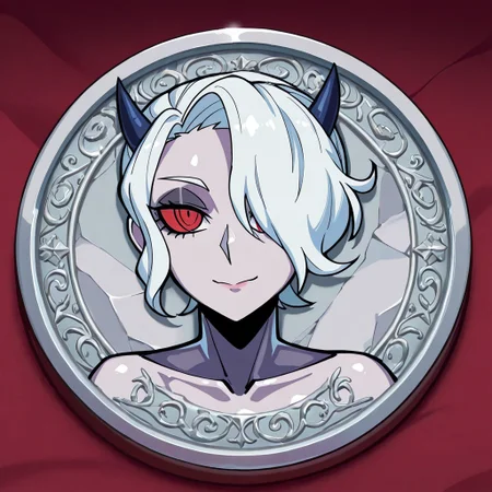masterpiece, best quality, newest, absurdres, highres, anime, anime style, TheC0in, objectification,
TheC0in-silver, silver, silver coin, coin, made of silver, silver skin, silver hair,
1girl, zdrada \(helltaker\),