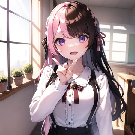 masterpiece, best quality, photorealistic, 3D, shiny_skin, shiny_hair, dynamic angle, beautiful detailed glow, light particles, HDR, Rembrandt lighting, colorful refraction, lens flare, bloom,
film Reflection, colorful refraction, chromatic aberration, light diffusion, public indecency, cowboy shot, deep meaning, physically-based rendering, bright, vibrant, intricate, particles, light rays,
indoors, classroom, cloudy sky,
1girl, tachibana hinano, :d , bangs, black nails, black ribbon, braid, brown hair, collarbone, fingernails, hair ribbon, long hair, long sleeves, looking at viewer, multicolored hair, nail polish, open mouth, pink hair, pink ribbon, ribbon, shirt, smile, suspenders, two-tone hair, white shirt
<lora:unofficialVspoTatibana_v07:1>