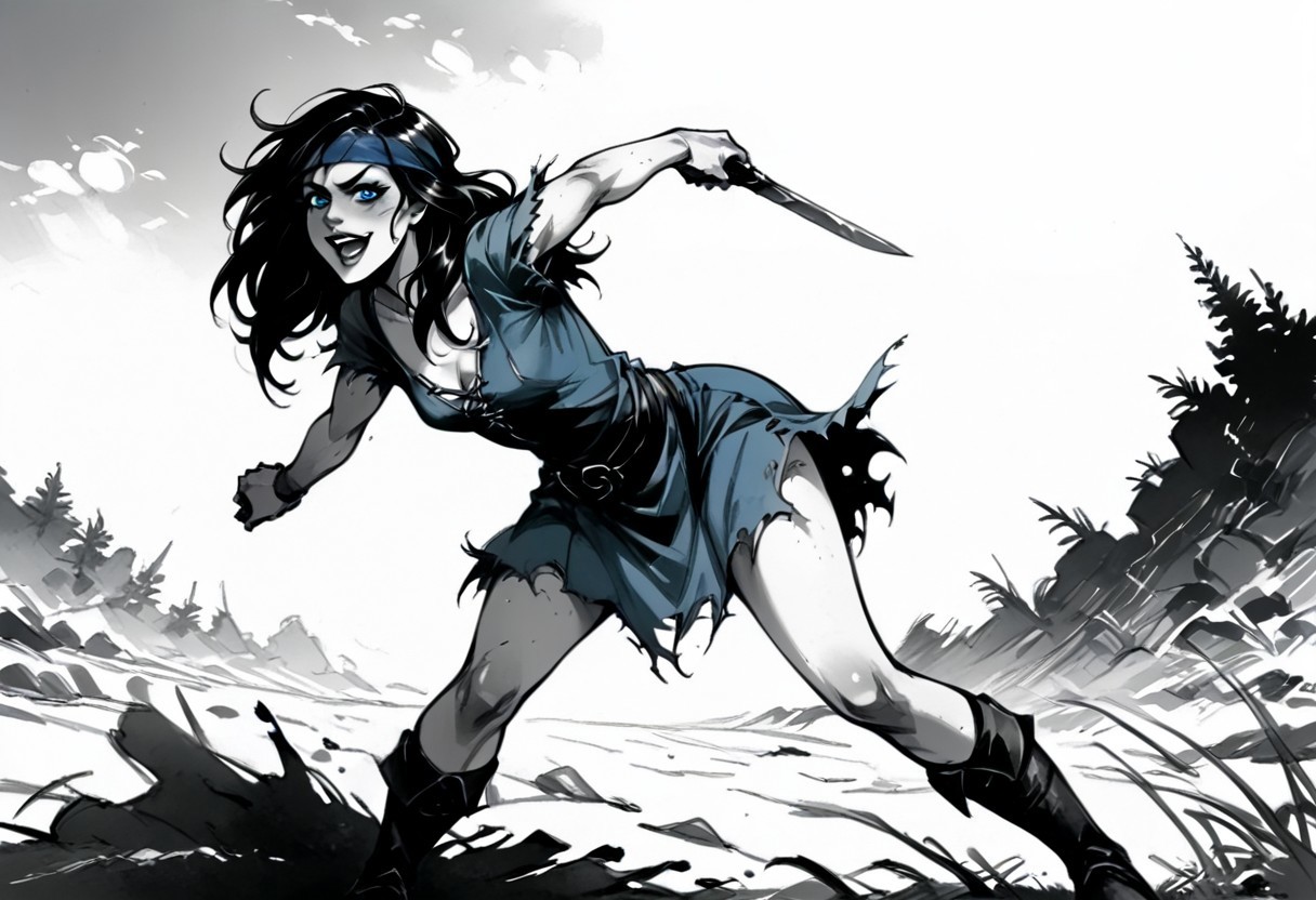 score_9, score_8_up, score_7_up,  BREAK, source_manga, source anime, (((very clear lines)))
BREAK
Monochrome manga style of a scuzzy perverted twisted insane evil villainous deathly pale white female nord of about 30 years old with pale grey blue eyes with bags under them and a wide sadistic grin.  She has messy black hair falling over a dirty and bloody blue headband bandana, slightly toned arms and legs, and is holding a knife.  She has small breasts and wears a tattered blue medieval dress with the sleeves ripped off and the hem cut high.  
BREAK
Skyrim rolling hills background in sunset, shadow, monochrome