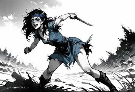 score_9, score_8_up, score_7_up,  BREAK, source_manga, source anime, (((very clear lines)))
BREAK
Monochrome manga style of a scuzzy perverted twisted insane evil villainous deathly pale white female nord of about 30 years old with pale grey blue eyes with bags under them and a wide sadistic grin.  She has messy black hair falling over a dirty and bloody blue headband bandana, slightly toned arms and legs, and is holding a knife.  She has small breasts and wears a tattered blue medieval dress with the sleeves ripped off and the hem cut high.  
BREAK
Skyrim rolling hills background in sunset, shadow, monochrome