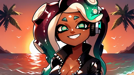score_9_up,score_8_up,1girl,solo,ocean,beach,marina,tentacle hair,amazing composition,incredible lighting,smiling,beautiful sunset,detailed background,<lora:SplatoonInkling_PD_v030:1>,<lora:Smooth Anime 2 Style SDXL_LoRA_Pony Diffusion V6 XL:1>,palm tree,groin tendon,upper body,shiny skin,splatoon_(series),green eyes,jacket,pants,cleavage,