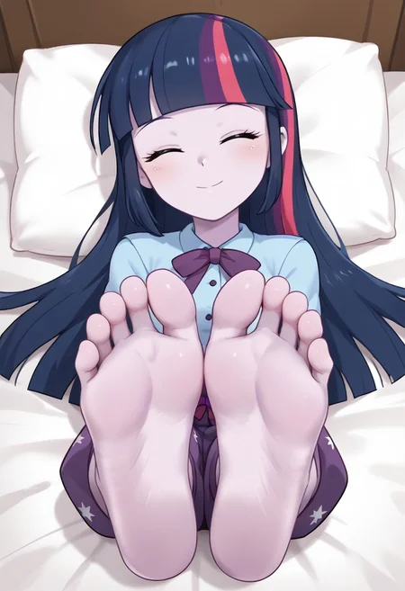 score_9, score_8_up, score_7_up, score_6_up, score_5_up, score_4_up, source_anime, BREAK, (masterpiece:1.4), (best quality:1.2), expressive eyes, perfect face, perfect anatomy, accurate anatomy, perfect feet, perfect soles, 1 girls, feet, soles, toes, foot focus, front view, cute expression, clean feet, showing feet, barefoot, PONYXL_WaifuFeetPics_ownwaifu, feet, princess twilight sparkle, dark sapphire blue with moderate purple and brilliant raspberry streaks, pale, purple skin, purple skin female, purple pajamas, Equestria girls, g4, lying on bed, pillow, eyes closed, sleeping, solo