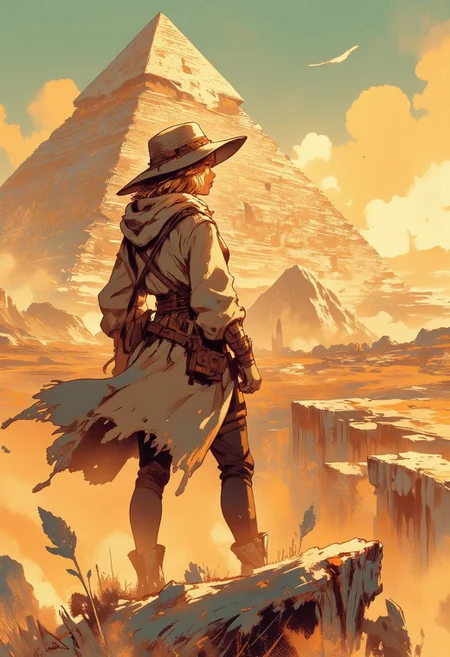 Mh1$AgThS2, intricate linework with expressive contrasts, soft lighting with dynamic highlights, image of a dusty desert with a female explorer, blonde hair, safari hat and jacket, standing looking up at an Egyptian pyramid, silhouetted at sunset, sparse clouds, In the style of ff-td
