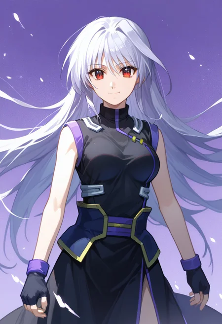 score_9, score_8_up, score_7_up, source_anime, solo, 1girl, Reinforce, long hair, white hair, single hair intake, red eye, long dress, black dress with purple trim, side slit, black gloves with purple trim, fingerless gloves, black corset with gold trim, sleeveless dress, bare shoulders, standing, smiling