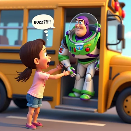 3d cartoon, disney style, a little girl is getting on a school bus, inside the bus is Buzz Lightyear from Toy Story, she is surprised and says "BUZZ??!!"