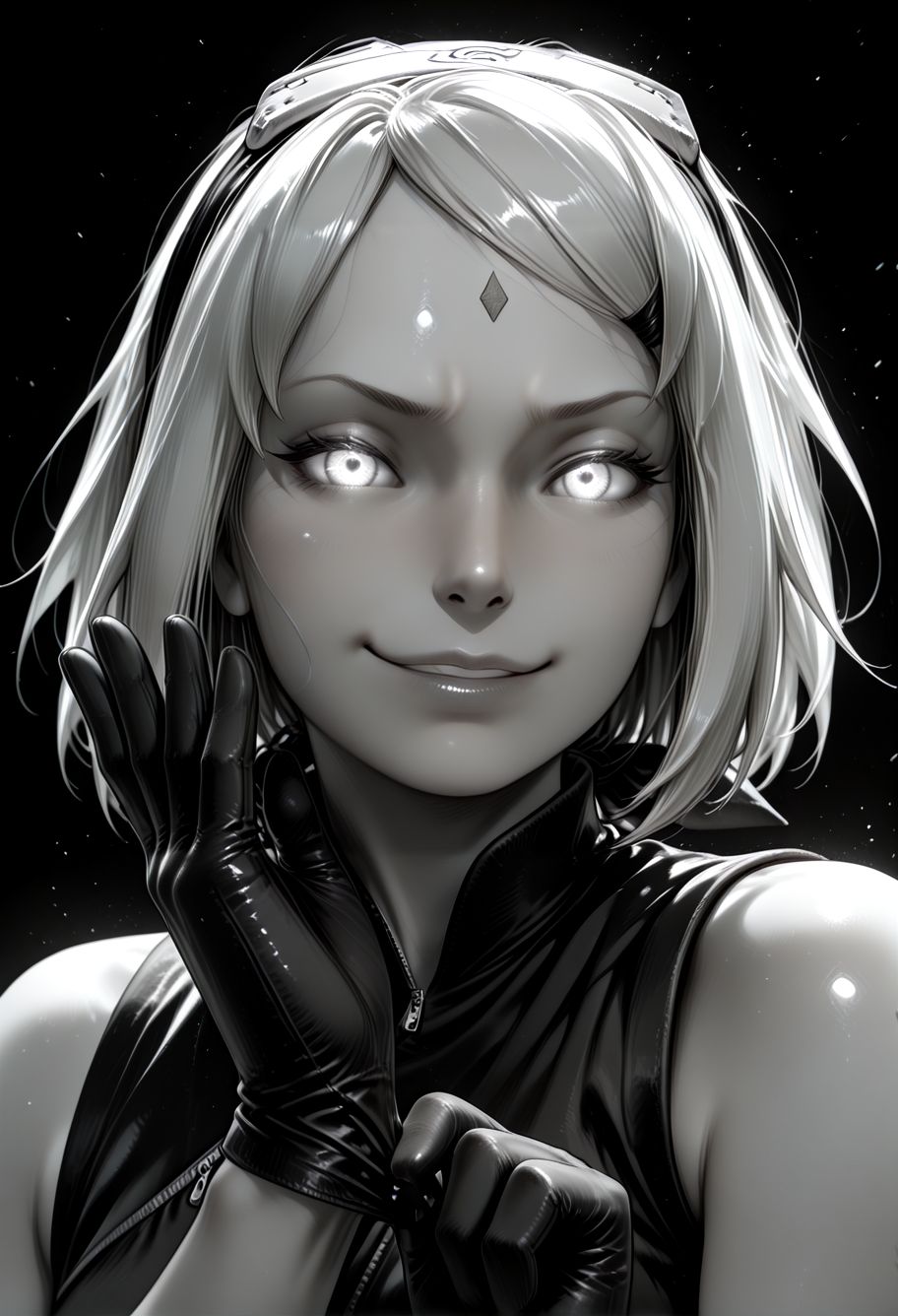 SmoothNoob_Quality, (greyscale:1.5), 1girl, haruno sakura, naruto shippuuden, portrait, upper body, smug, glowing eyes, tied bandana on hair, sleeveless, adjusting gloves, open hand, spot color, black and white, dynamic angle, looking at viewer, (black background),<lora:Mature_Comics_Style_-_NoobAI:1>,​​​