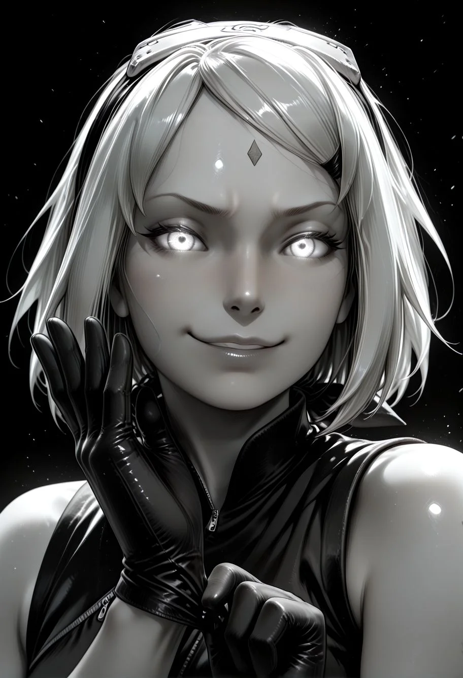 SmoothNoob_Quality, (greyscale:1.5), 1girl, haruno sakura, naruto shippuuden, portrait, upper body, smug, glowing eyes, tied bandana on hair, sleeveless, adjusting gloves, open hand, spot color, black and white, dynamic angle, looking at viewer, (black background),<lora:Mature_Comics_Style_-_NoobAI:1>,βββ
