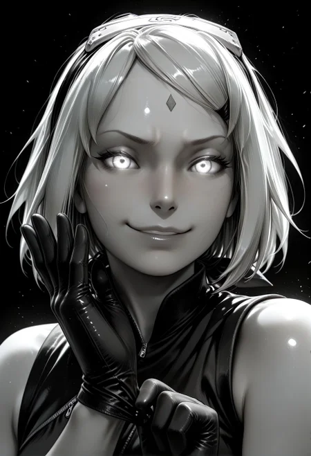 SmoothNoob_Quality, (greyscale:1.5), 1girl, haruno sakura, naruto shippuuden, portrait, upper body, smug, glowing eyes, tied bandana on hair, sleeveless, adjusting gloves, open hand, spot color, black and white, dynamic angle, looking at viewer, (black background),<lora:Mature_Comics_Style_-_NoobAI:1>,