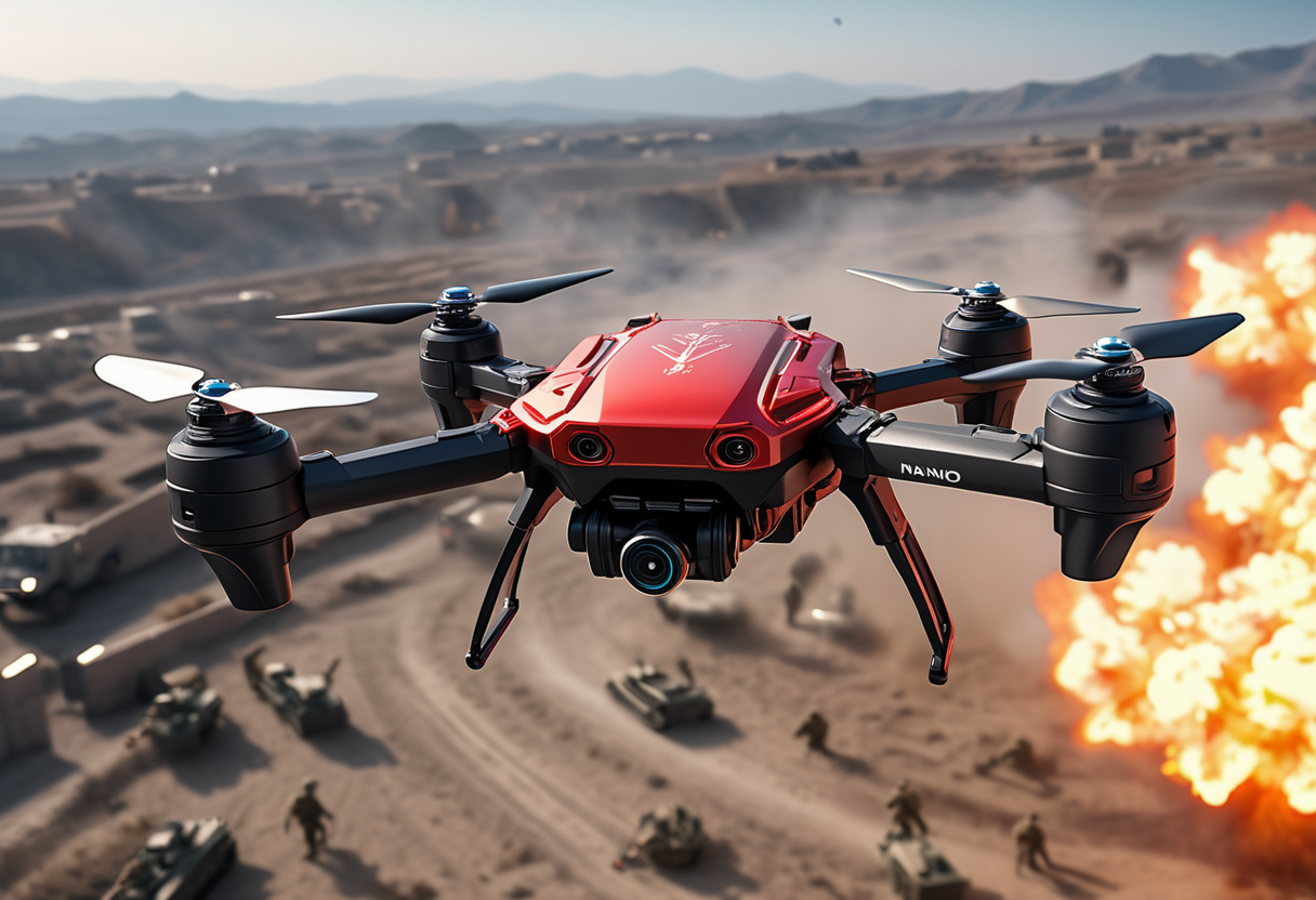 award winning, (professional photo) of (lightweight nano red drone) with reflective-surfaces body, ducted fans, retractable arms,   the drone is flying over  a modern warzone, with soldiers in camouflage, tanks rolling by, and the sound of gunfire and explosions in the distance, , creative, beautiful, vibrant, masterpiece, 64k, UHD, HDR, full view, atmospheric lighting, extremely detailed