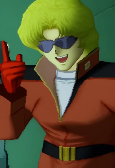 score_9, score_8_up, score_7_up, mgs1_style, no eyes, 3d, source_anime, rating_safe, intricate details, anime screencap, official style, 1boy, <lora:Quattro_Bajeena:1>, quattro, blonde hair, (opaque sunglasses), red military uniform, red gloves, belt, uniform, smile, retro artstyle, upper body, pointing at viewer, open mouth, indoor