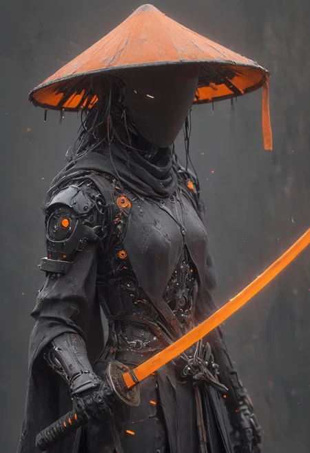 Craft a captivating vibrant dark black-neon caption for a photo capturing the essence of a cyborg Bedouin sorcerer in fight stance, defying expectations by conjuring a whimsical robot 'freak' from an oversized sedge  hat. ethereal, smoky backdrop. throwing a translucent orange/tanslucent purple/black iaidow, weapon, katana, holding sword, ready to draw, sheathed, unsheathing, scabbard,, 
 very detailed, atmospheric haze, Film grain, cinematic film still, shallow depth of field, highly detailed, high budget, cinemascope, moody, epic, OverallDetail, gorgeous, 2000s vintage RAW photo, photorealistic, candid camera, color graded cinematic, eye catchlights, atmospheric lighting, skin pores, imperfections, natural, shallow dof