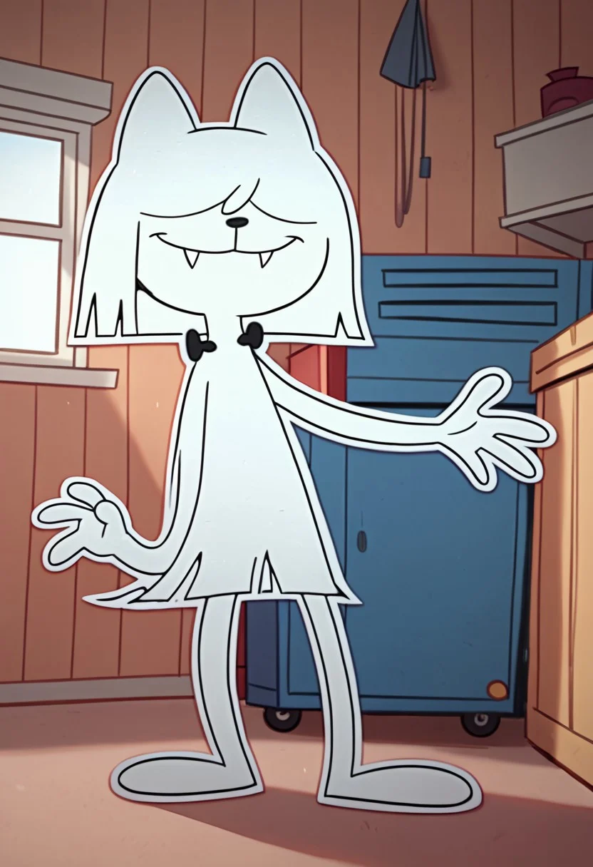 score_9, score_8_up, score_7_up BREAK QatTM, 1girl, anthro cat, white fur, white ears, black nose, hair-covered eyes, unseen eyes, white bobcut, fangs, tail, smiling at viewer, garage indoors, garage background, full body, fangs,