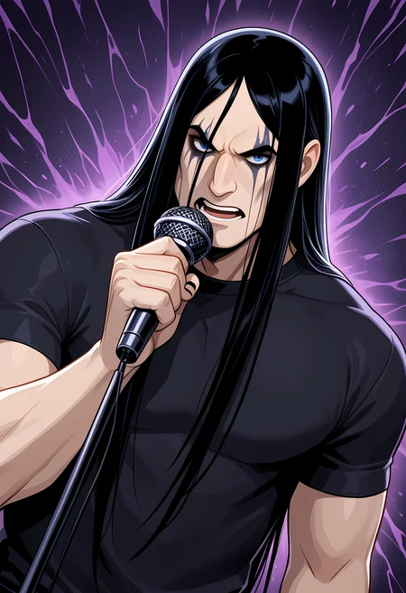 masterpiece, best quality, amazing quality, dutch angle, abstract background, BREAK
1boy, solo, male focus, nathanexplosion, black hair, long hair, blue eyes, holding microphone, dark eye makeup, black shirt, BREAK
<lora:cfg_scale_boost:.6> <lora:Nathan_Explosion_-_Metalocalypse_-_ILXL:1>