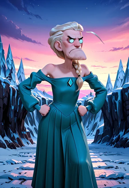 Masterpiece, absurdres, best quality, highly detailed, 1boy, solo, Eustace, Bagge, pointy chin, blonde hair, single braid, hair over shoulder, makeup, sky blue dress, bare shoulders, long sleeves, long skirt, grumpy expression, detailed background, glacier palace background,