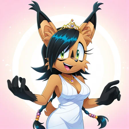 <lora:nicole_lynx_illustrious-000010:1>, (masterpiece), (best quality), (ultra-detailed), amazing quality, very aesthetic, illustration, perfect composition, intricate details, absurdres, incredibly absurdres, nicole the lynx, 1girl, long hair, breasts, looking at viewer, smile, open mouth, large breasts, dress, cleavage, jewelry, medium breasts, green eyes, tail, braid, earrings, teeth, necklace, white dress, hair over one eye, tiara, animal hands, snout, sonic the hedgehog \(series\), furry, furry female, black hair, animal ears, animal nose, animal ear fluff, solo, solo focus, body fur, brown fur, facial markings