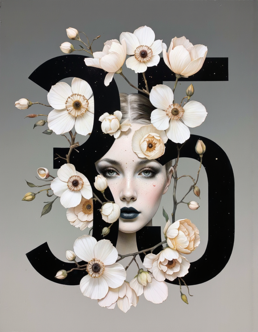By Tom Nulens. A high-resolution, digital art portrait of a young woman with an ethereal, almost surrealistic style. The woman's face is the central focus, with a striking expression of calm and contemplation. Her skin is smooth and flawless, and her lips are painted a deep, glossy black. She has large, expressive eyes with long, dark eyelashes, and her hair is styled in a sleek, high ponytail. 
The background is a gradient of light to dark gray, adding a sense of depth and dimension. The most striking aspect of the image is the use of large, bold, black numbers "35" that form the outline of her head. These numbers are intricately designed with flowers and petals, creating a harmonious blend of digital art and nature. The flowers are detailed, with petals in various stages of bloom, adding a tactile quality to the otherwise smooth, digital elements.
The overall composition is balanced and symmetrical, with the woman's face centered within the "35" shape. The contrast between the dark, bold numbers and the delicate, light-toned flowers creates a striking visual impact. This image combines elements of modern art, digital illustration, and floral design, resulting in a visually captivating and unique artwork. <lora:Tom_Nulens:0.8045440673828125>