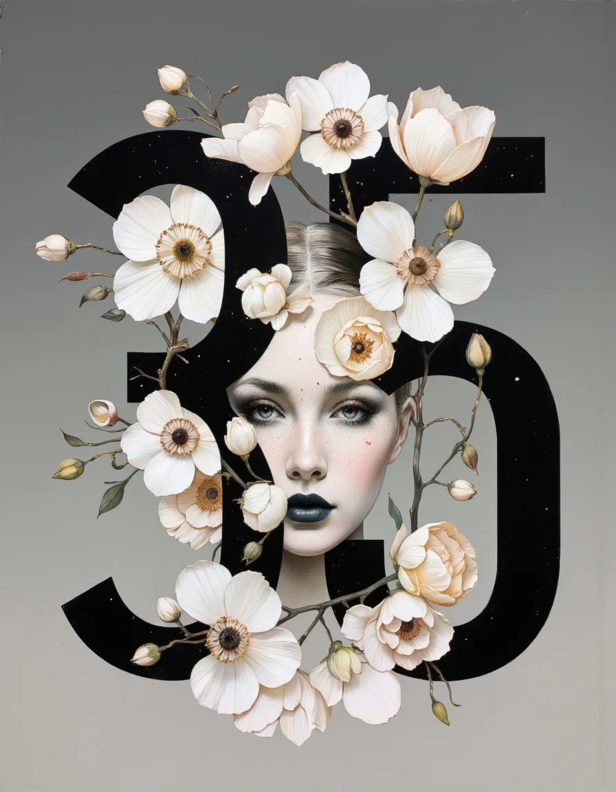 By Tom Nulens. A high-resolution, digital art portrait of a young woman with an ethereal, almost surrealistic style. The woman's face is the central focus, with a striking expression of calm and contemplation. Her skin is smooth and flawless, and her lips are painted a deep, glossy black. She has large, expressive eyes with long, dark eyelashes, and her hair is styled in a sleek, high ponytail.
The background is a gradient of light to dark gray, adding a sense of depth and dimension. The most striking aspect of the image is the use of large, bold, black numbers "35" that form the outline of her head. These numbers are intricately designed with flowers and petals, creating a harmonious blend of digital art and nature. The flowers are detailed, with petals in various stages of bloom, adding a tactile quality to the otherwise smooth, digital elements.
The overall composition is balanced and symmetrical, with the woman's face centered within the "35" shape. The contrast between the dark, bold numbers and the delicate, light-toned flowers creates a striking visual impact. This image combines elements of modern art, digital illustration, and floral design, resulting in a visually captivating and unique artwork. <lora:Tom_Nulens:0.8045440673828125>