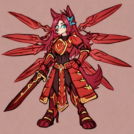 Cr01a,1girl,solo,furry,furry female,animal ears,long hair,red hair,hair ornament,blue eyes,snout,animal nose,body fur,tail, red power armor, mecha musume, official alternate costume, solo, 1girl, black bodysuit, red sword wings, red headgear, red armored gloves, red breastplate, red mechanical boots, red huge sword, holding red huge sword full body, sky
