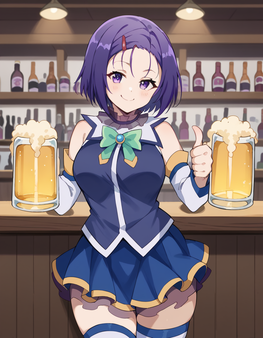 score_9, score_8_up, score_7_up, source_anime, <lora:haruna-sairenji-darkness-ponyxl-lora-nochekaiser:1>, haruna sairenji, hair ornament, hairclip, purple eyes, purple hair, short hair, swept bangs, forehead, medium breasts, <lora:aqua-cosplay-ponyxl-lora-nochekaiser:1>, aqua cosplay, aqua (konosuba) (cosplay), skirt, shirt, thighhighs, bare shoulders, detached sleeves, white thighhighs, blue skirt, blue shirt, green bow,, bar, beer, beer mug, thumbs up, smile, smug, holding beer mug,,