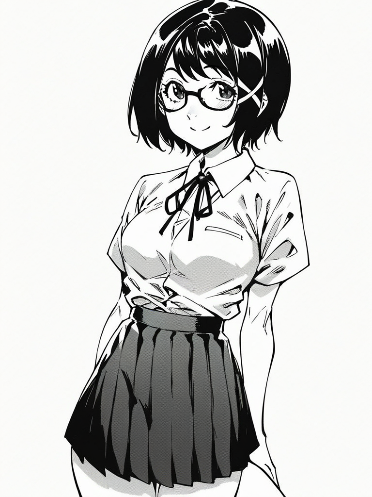 score_9, score_8_up, score_7_up,  
1girl, monochrome, 

takamine chika, black hair, medium hair, x hair ornament, glasses, medium breasts,

white background, standing, solo, smile, closed mouth, looking at viewer,
white shirt, neck ribbon, short sleeves, school uniform, pleated skirt, 