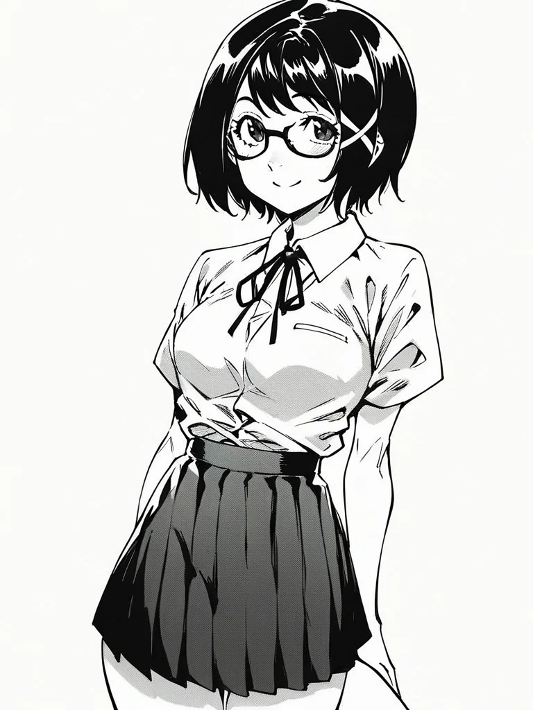 score_9, score_8_up, score_7_up,
1girl, monochrome,
takamine chika, black hair, medium hair, x hair ornament, glasses, medium breasts,
white background, standing, solo, smile, closed mouth, looking at viewer,
white shirt, neck ribbon, short sleeves, school uniform, pleated skirt,