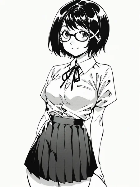 score_9, score_8_up, score_7_up,  
1girl, monochrome, 

takamine chika, black hair, medium hair, x hair ornament, glasses, medium breasts,

white background, standing, solo, smile, closed mouth, looking at viewer,
white shirt, neck ribbon, short sleeves, school uniform, pleated skirt, 