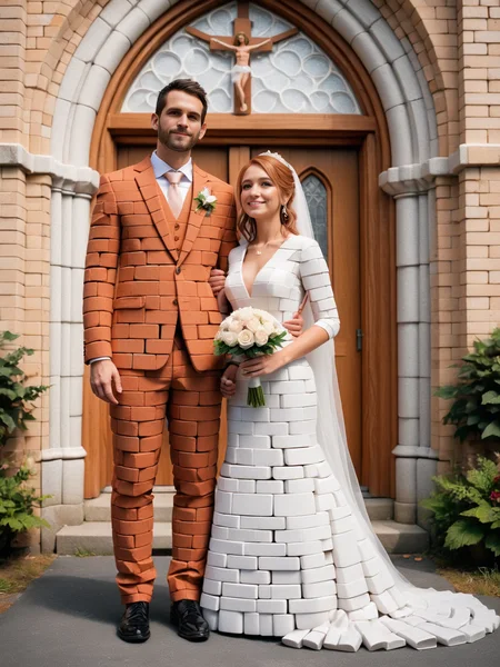 A bride wearing an ais-brickz dress and a groom wearing an ais-brickz suit, standing outside of a church <lora:Bricks_Style_SDXL:0.6>