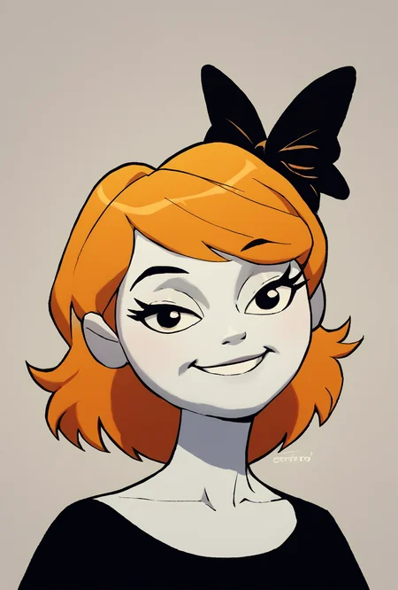 score_9, score_8_up, score_7_up, score_6_up, score_5_up, simple, looking at viewer, smiling, simple, <lora:derpina-10:1> derpina, 1girl, short hair, hair bow, medium hair, orange hair, black dress,, white skin,, <lora:wyatt:1> wyatt <lora:Manyakis:1>