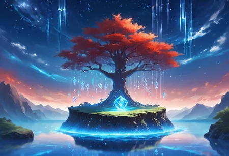 (masterpiece), best quality, Symphtia-Style, Anime, Illustration, (Floating Island, One Tree, Crystal, Magic, Reflection), Detailed Background, No Humans, Starry Theme, (Ancient Runes, Glowing Runes, Light Refraction), Blue and Red Theme, Symphtia-Style, Zyrnox-Exoterra Style, Natural Lighting, Waterfall, Water