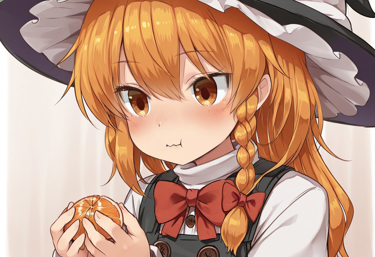 best quality, 
1girl, solo, kirisame marisa, orange hair, 
witch hat, side braid, hair bow, red bowtie,
vest, black dress, buttons, white shirt, long sleeves, 
upper body, holding fruit, 
closed mouth, blush, :t, eating, wavy mouth,
mandarin orange,