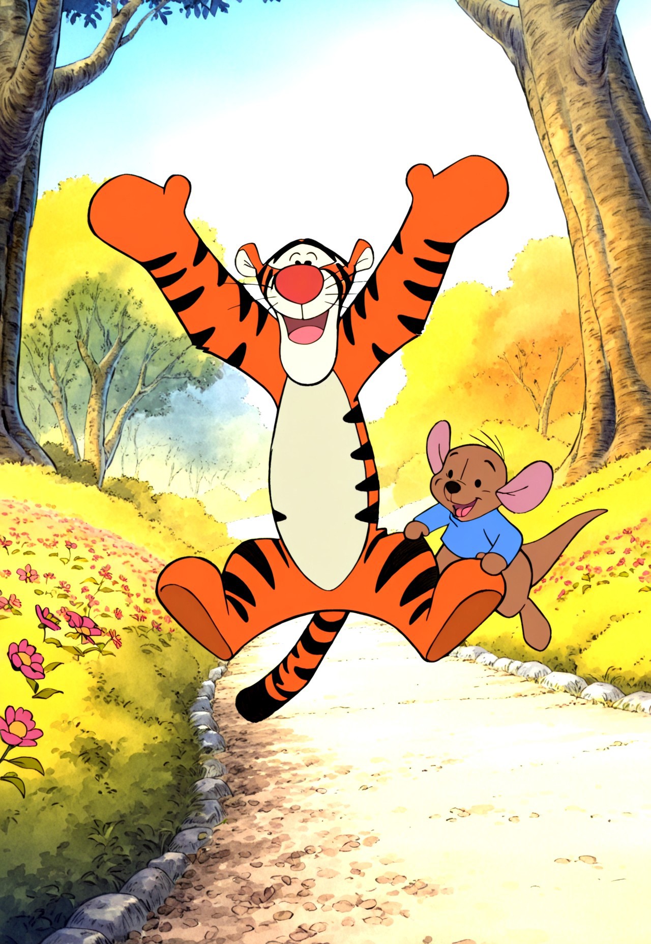 masterpiece, absurdres, highres, (anime screencap:2, anime coloring:2), official art, accurate art style, very aesthetic, flat colors, official screencap, style parody, proper proportions, WinnieThePooh_Character_And_Style, The Tigger Movie, retro artstyle, 2000s \(style)\, sketchy lines, BREAK, 1boy, Tigger, tiger stripes, tiger print, whiskers, black eyes, jumping, smiling, bouncing, happy, open mouth, BREAK, 1boy, Roo, BREAK, detailed background, outdoors, blue skies, forest, trees, dirt path, bushes, flowers, BREAK, full body, cowboy shot, BREAK, vibrant colors, bloom, vignette, cinematic lighting, 75% soft lighting, 25% dark lighting